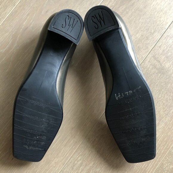 Stuart Weitzman Leather Shoes in Metallic Olive Green w Gold Embellishment Sz 10 - Picture 8 of 8